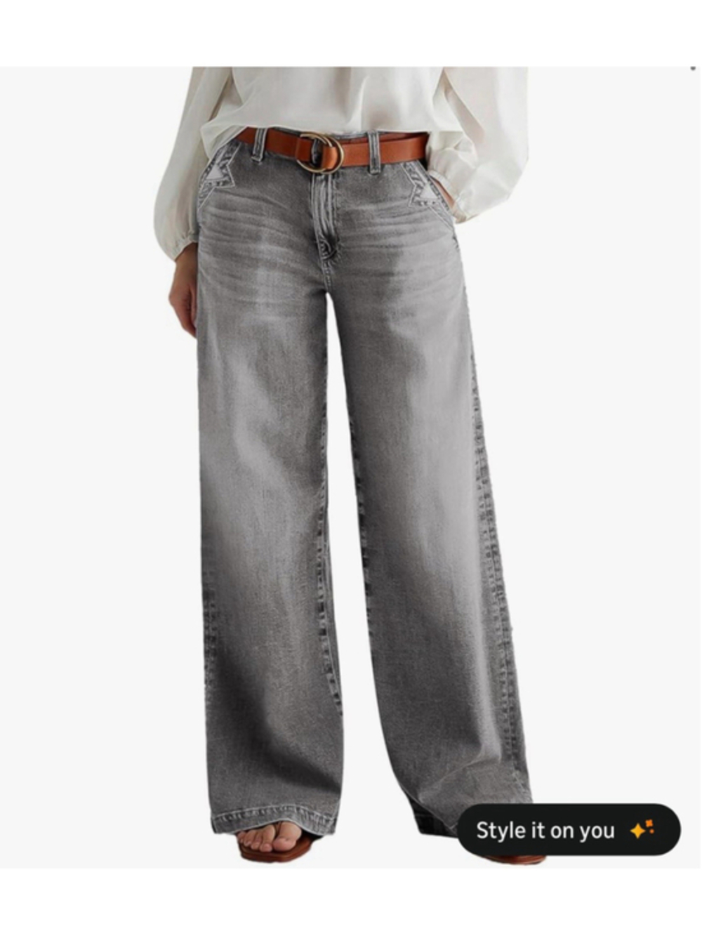 FLAMINGALS Women's Grey Wide Leg Jeans High Rise Button Fly Stretch Denim L